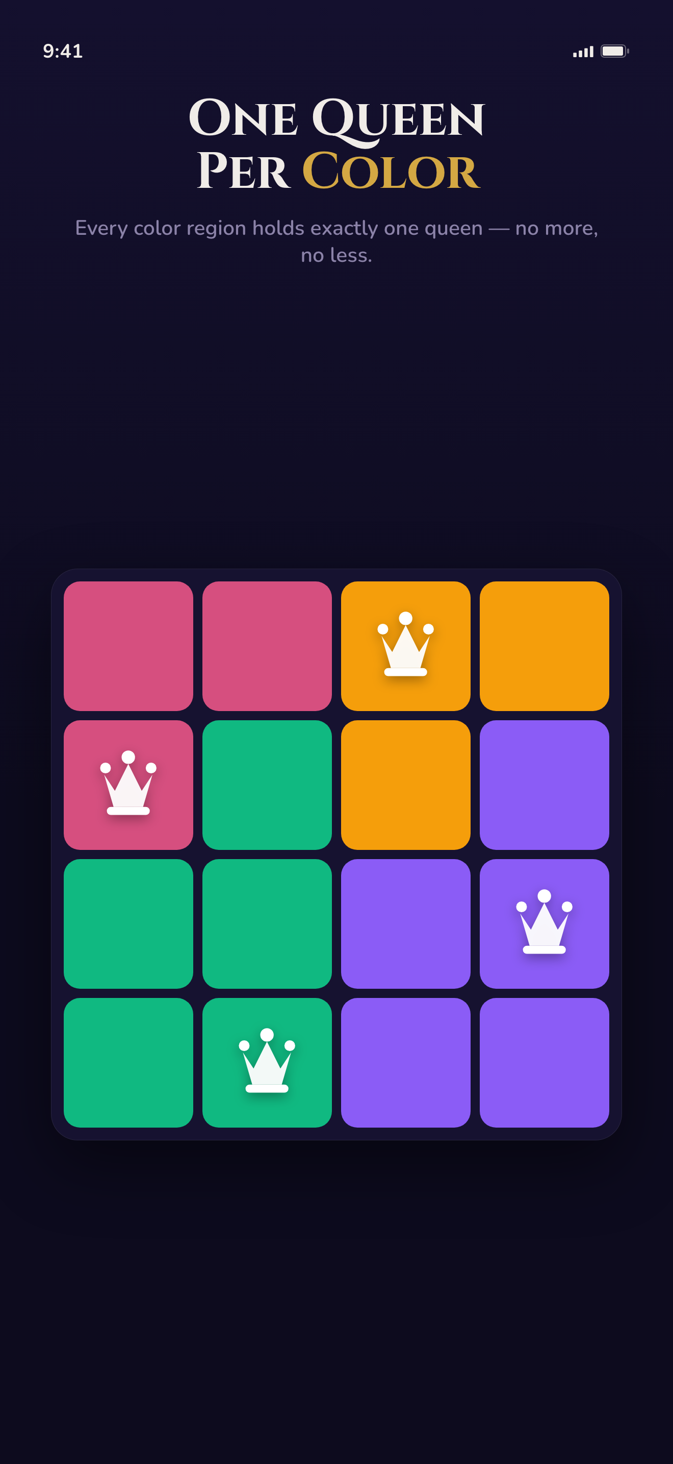 Queens Puzzle gameplay: a colorful 5×5 grid with one white crown queen placed in each color region